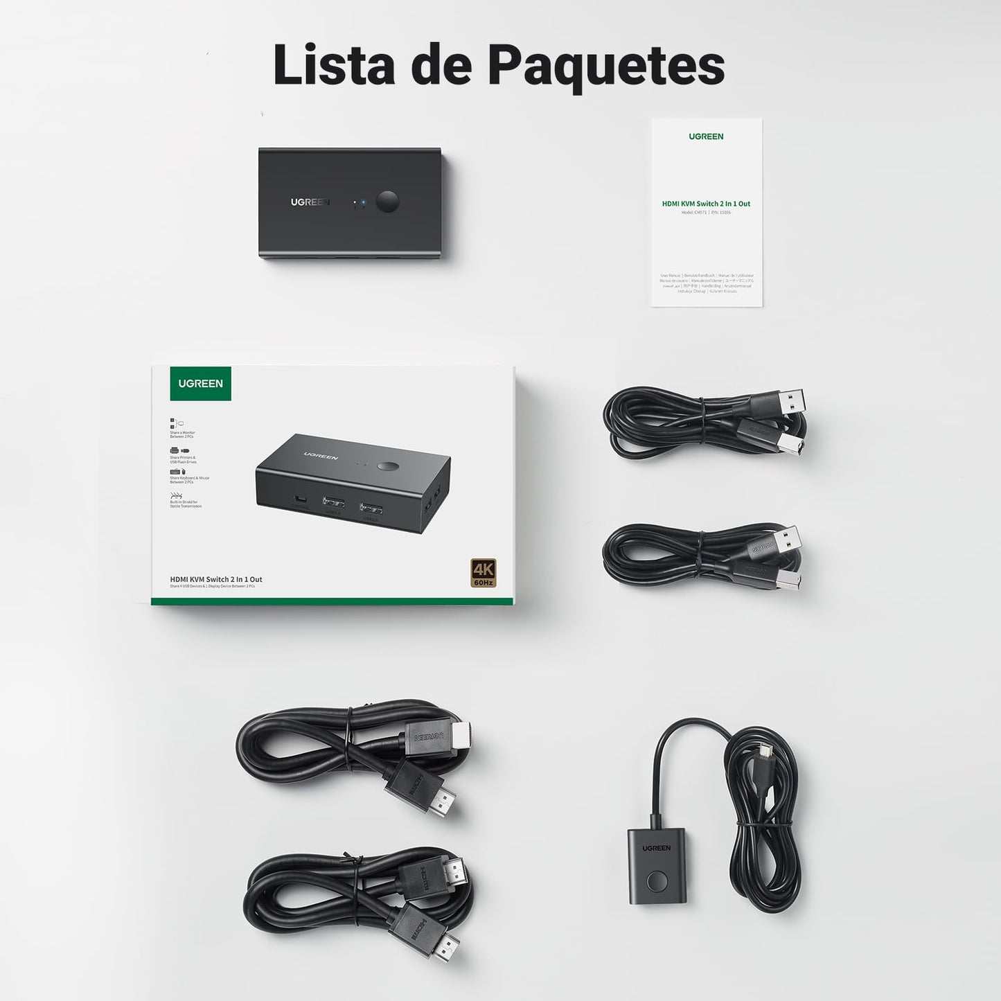 UGREEN KVM HDMI Switch 4K 60Hz 2 Entradas a 1 Salida 2 PC Comparten 1 Pantalla y 4 Puertos USB 2.0 Comutador con Control de Escritorio y Cable para Teclado Mouse Impresora USB Stick