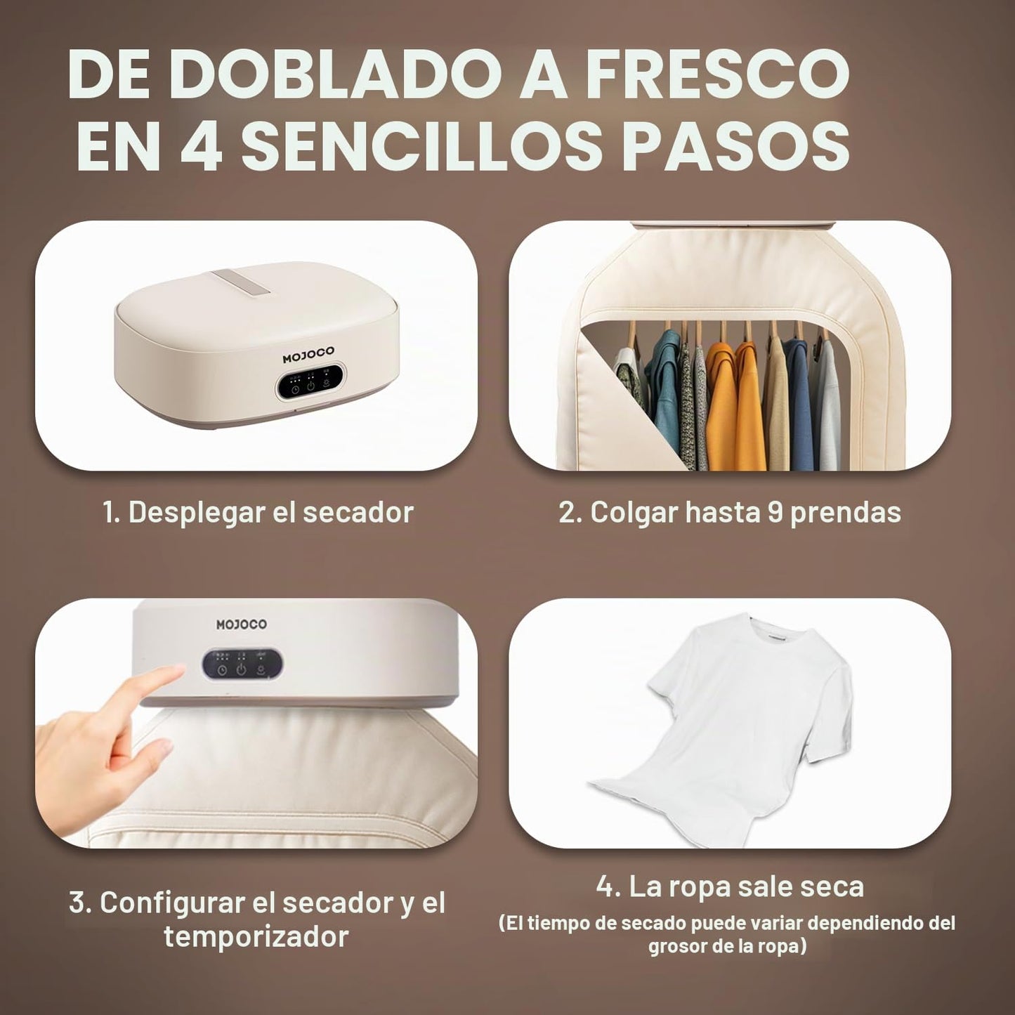 MOJOCO Secadora de ropa portátil – Secadora mini/compacta para apartamento, caravana, viajes, pequeña máquina silenciosa de secado rápido con temporizador ajustable y configuración sin complicaciones