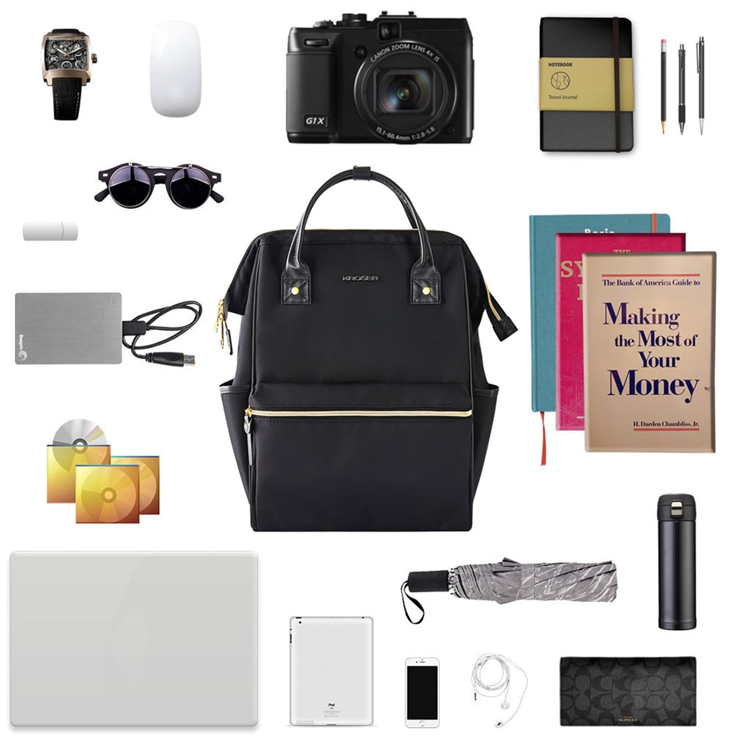 KROSER mochilo para computadora portátil de 17 pulgadas, elegante mochila repelente al agua, casual con puerto USB, para hombres y mujeres, color negro