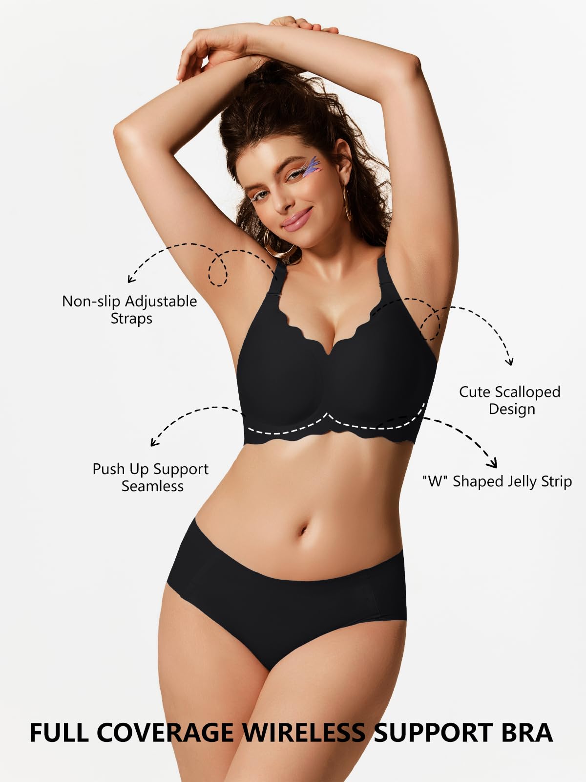 COCOMARTS Sujetadores push up para mujer, sin aros, soporte sin costuras, sin aros, sin varillas, cómodo, festoneado para uso diario, Negro, Large