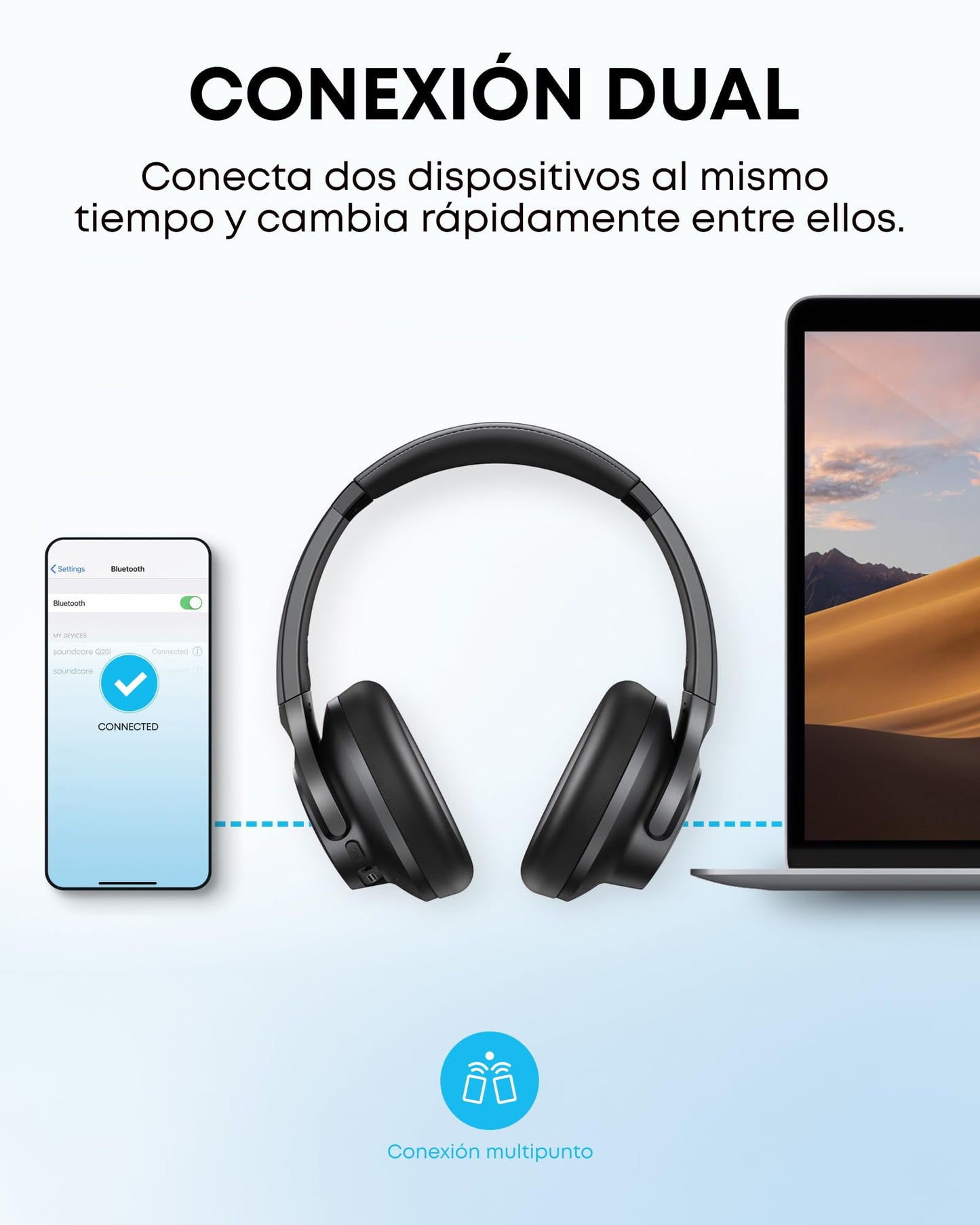 Soundcore Q20i Cascos Inalámbricos Bluetooth con Cancelación de Ruido Activa Híbrida by Anker, Reproducción ANC 40 Horas, Hi-Res Audio, Personalización vía App, Modo Transparencia, Graves Profundos