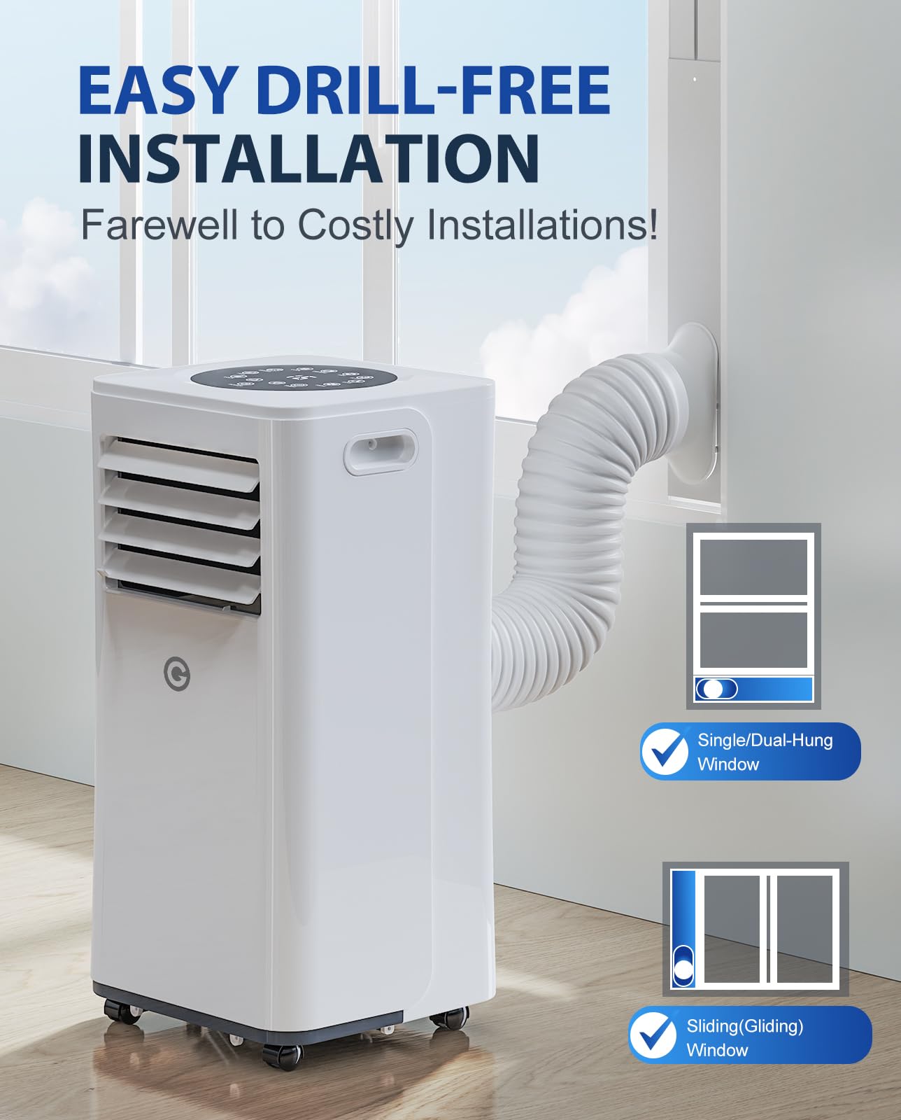 Aire Acondicionado Portátil 9000 BTU, 4 en 1: Refrigeración, Ventilador, Deshumidificador y Modo Sueño, Silencioso, con Mando, Temporizador 24h y Kit de Ventana, para Dormitorio, Oficina, Garaje, 25㎡