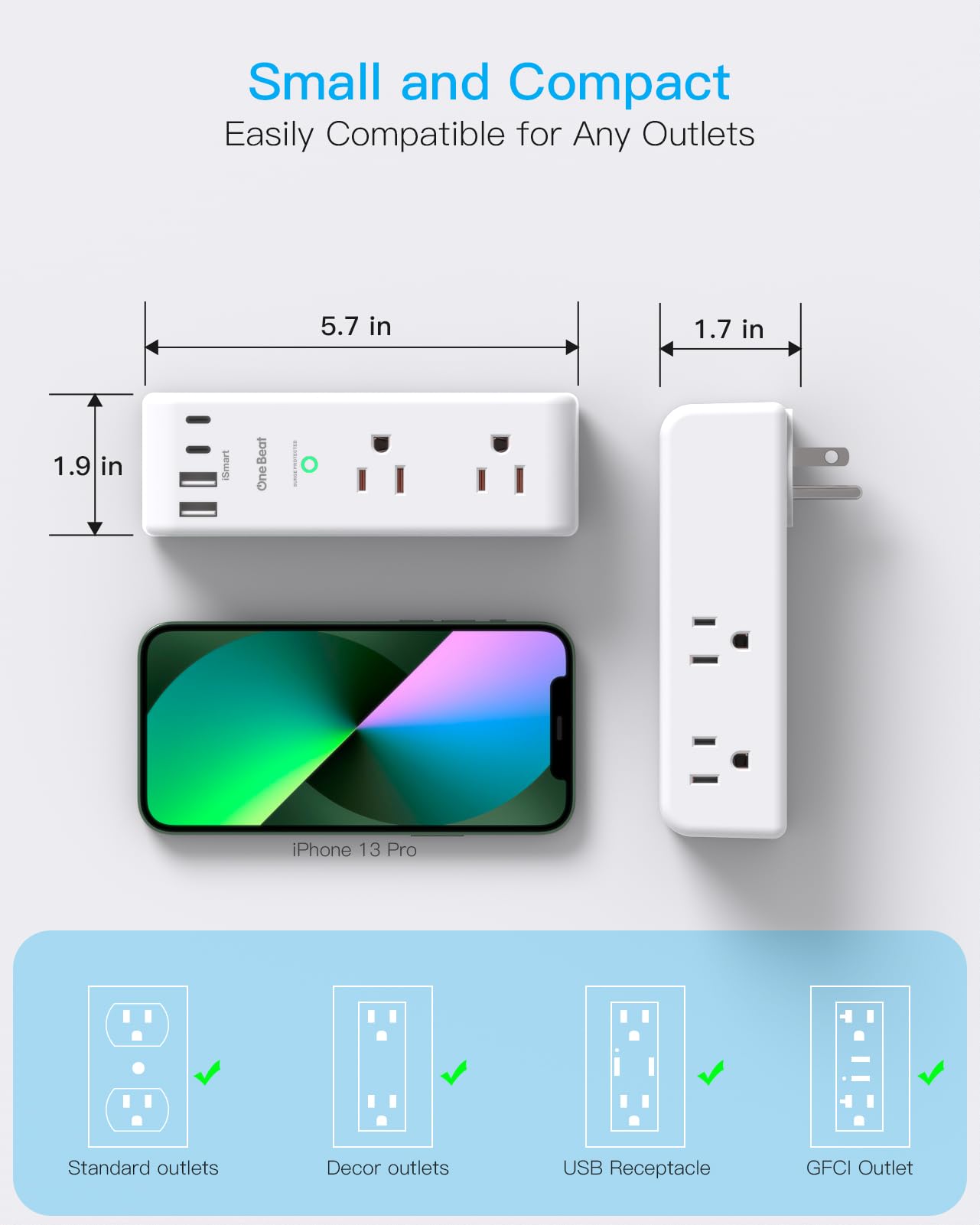 Extensor de toma de protección contra sobretensiones, con enchufe giratorio, 6 tomas de corriente alterna con 3 puertos USB (1 USB C), cargador de pared 1800J, tira de alimentación de 3 lados con