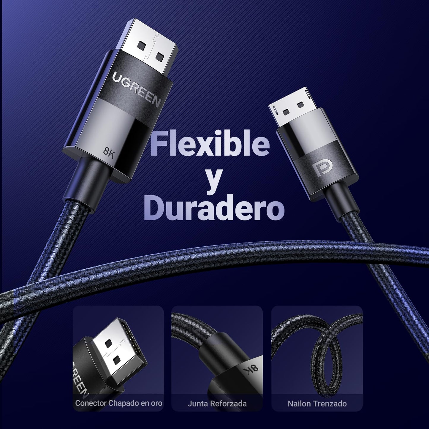 UGREEN Cable DisplayPort 1.4, 8K 60Hz UHD DP Soporte 4K 144Hz 2K 165Hz Freesync G-Sync HDR 3D Alta Velocidad 32.4Gbps, Compatible con Tarjeta Gráfica TV Monitor, 3Metros