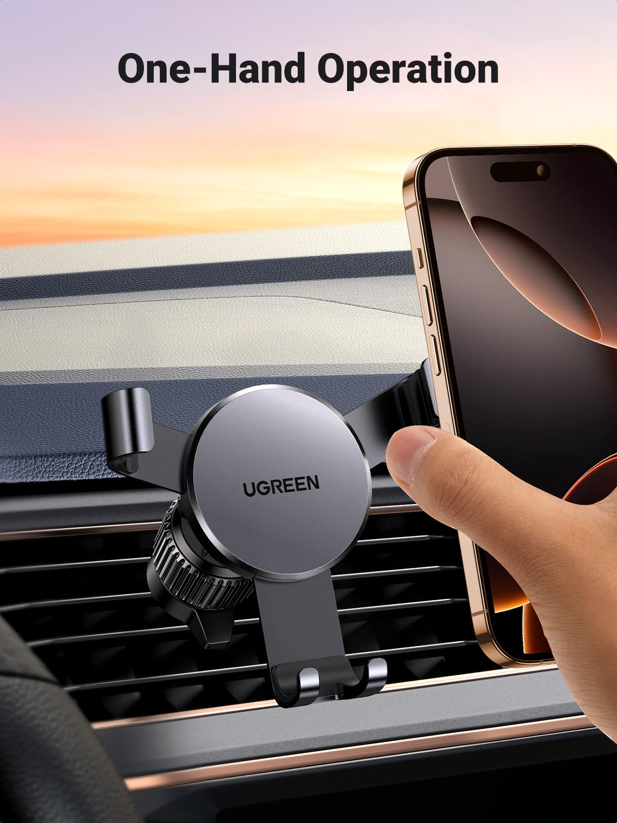 UGREEN Soporte Móvil Coche Gravedad con Gancho para Ventilación, Suporte Telemovel Carro Compatible coniphone 17 Pro MAX Air/16/15/14;Samsung Galaxy S25/S24; Google Pixel 10/9/8 Gris