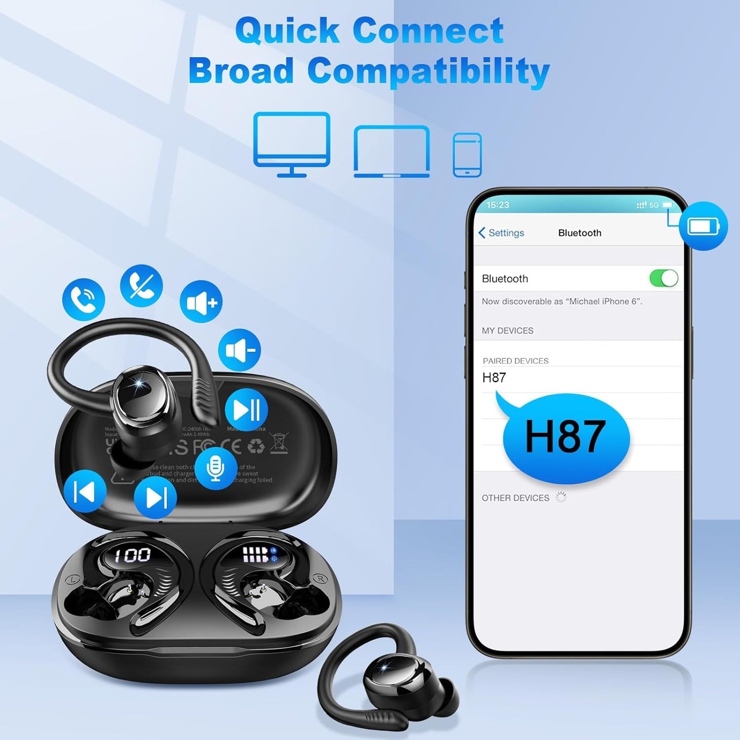Auriculares Inalámbricos Bluetooth Deportivos, 60H Auriculares Bluetooth 5.4 con HiFi Estéreo, 4 ENC Mics, 2026 Cascos Inalambricos con Cancelación RuidoI/IP7 Impermeable/USB-C Auriculares para Correr