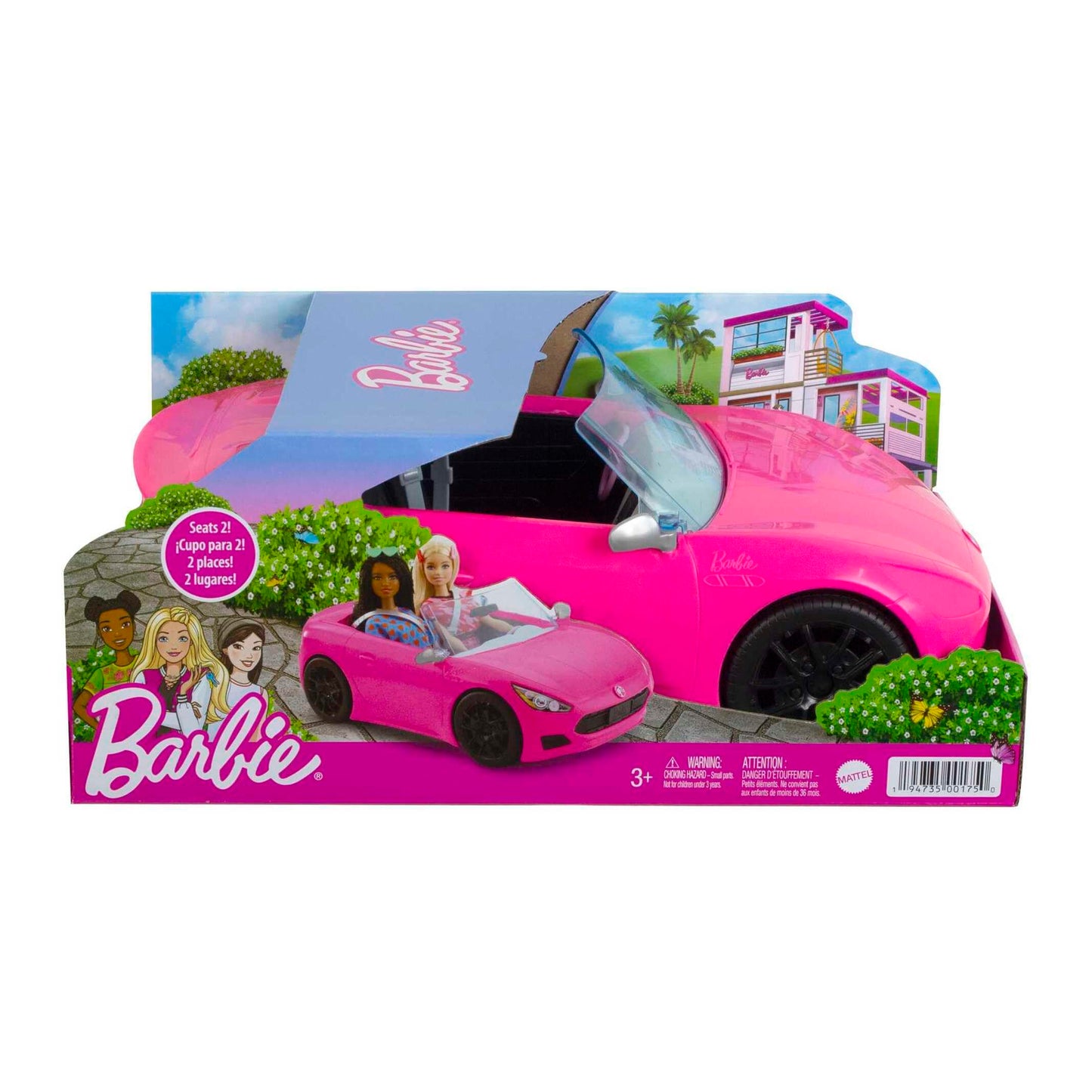 Barbie Descapotable Rosa con 2 plazas para muñecas, Coche de Juguete, Regalo para niñas y niños +3 años (Mattel HBT92)