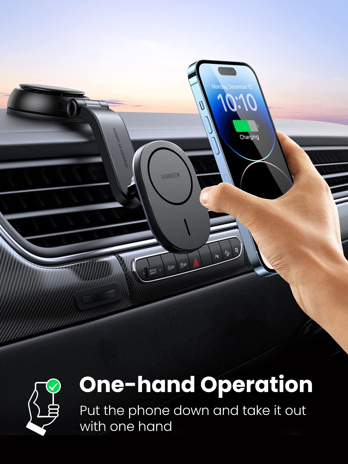 UGREEN Cargador Magnético de Coche Inalámbrico 2 en 1, Soporte Móvil para Aire Ventilación con Ventosa con Carga Wireless Compatible con iPhone 16/15/14/13/12 Series