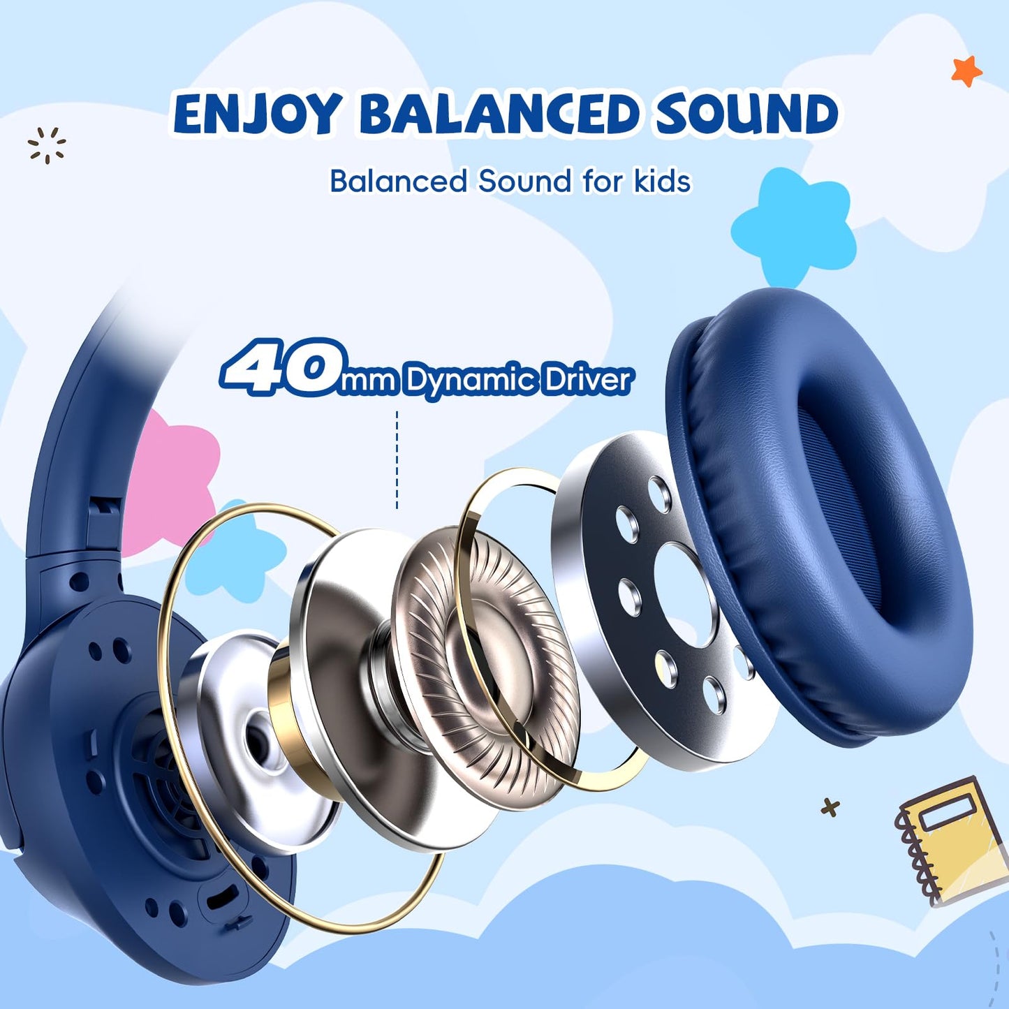 Auriculares para niños con cable para la escuela, límite de volumen de 85/94 dB, auriculares con cable para niños y niñas con micrófono, sonido estéreo, conector de 3,5 mm para Kindle, tablet, viajes