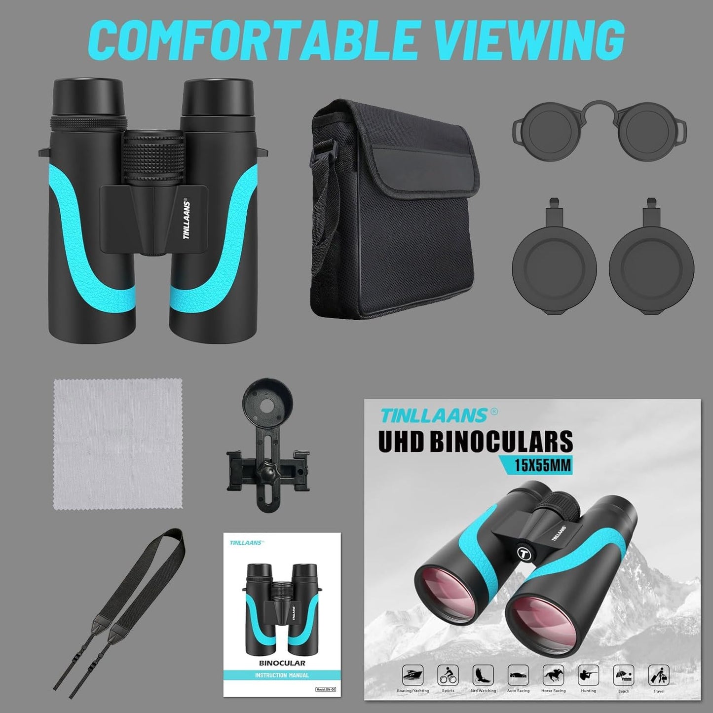 Prismáticos HD de 15 x 55 pulgadas para adultos, prismáticos de gran potencia, prismáticos impermeables BAK4, prismáticos ligeros para observación de aves, senderismo, viajes, crucero, con adaptador