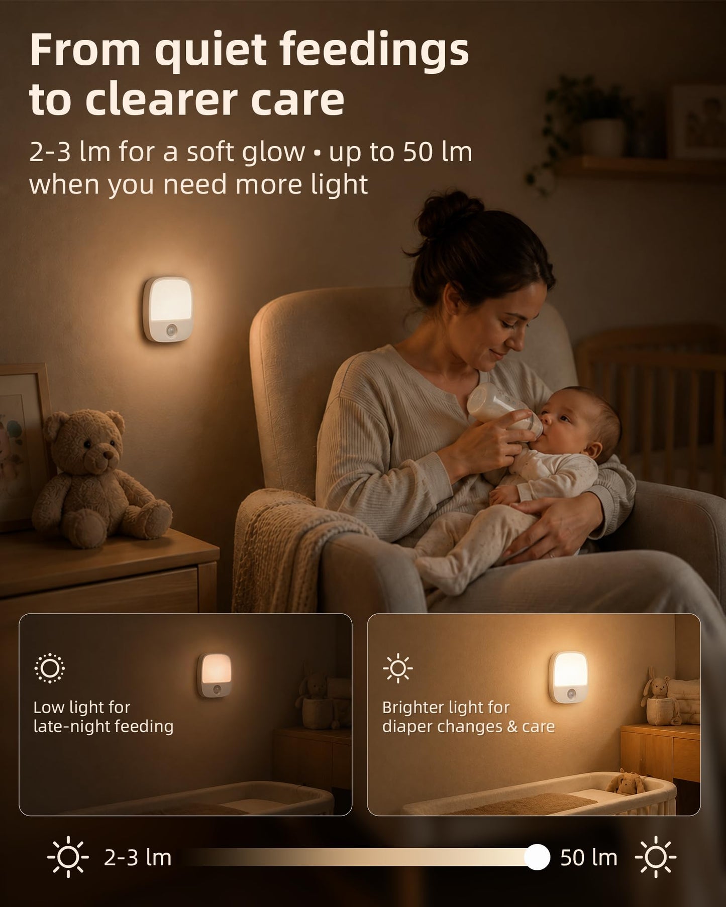 EZVALO - Paquete de 2 luces LED recargables nocturnas con sensor de movimiento, luz nocturna para bebés, luz nocturna de noche de noche de luz blanca cálida regulable para adultos, habitación de niños