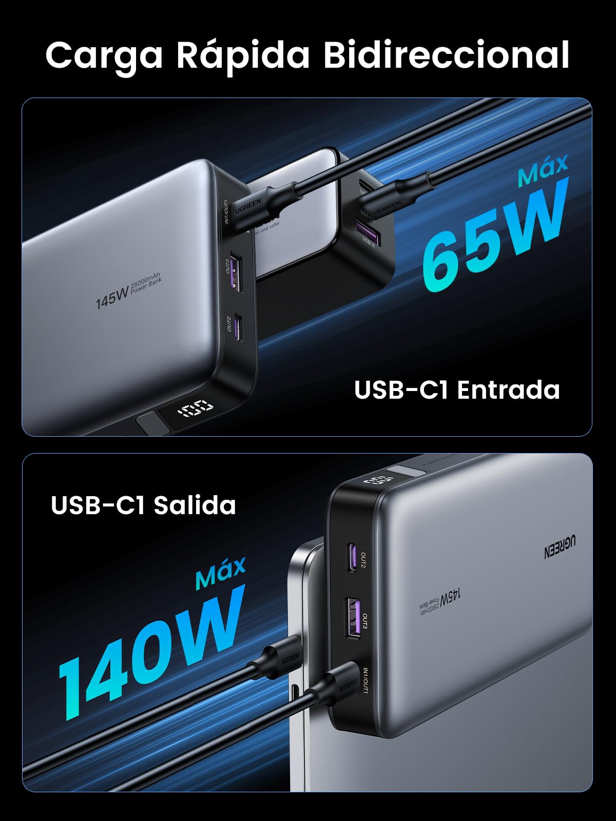 UGREEN Nexode 145W Power Bank 25000mAh Batería Externa USB C Carga Rápida PD3.1 140W 3 Puertos Cargador Portátil PC LED Compatible con iPhone 17 16 15 14 Plus Pro MAX Air Galaxy S25 S24 MacBook iPad