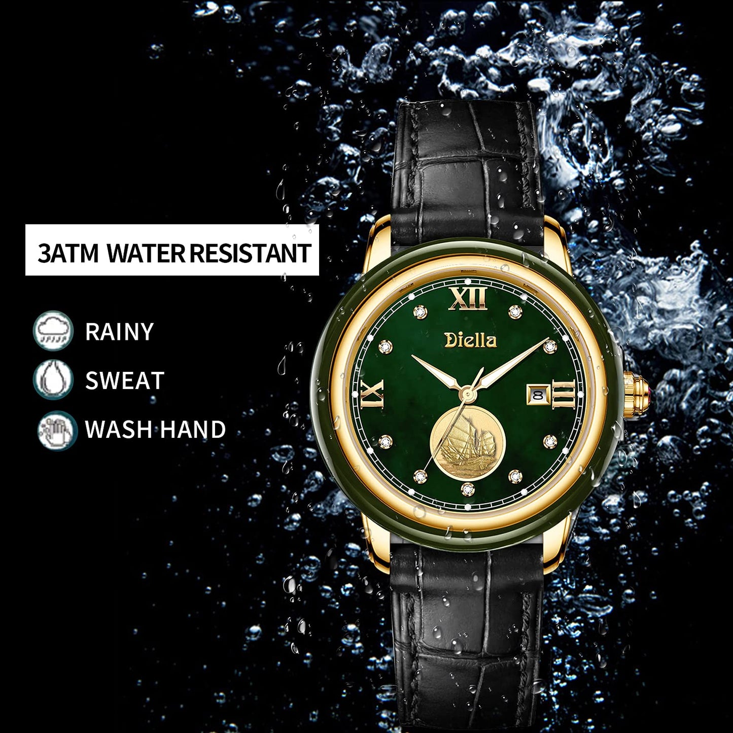 Diella Reloj impermeable para mujer, reloj de pulsera de cuero y movimiento de cuarzo japonés, relojes analógicos de moda, espejo de cristal de zafiro y circonitas de corona de rubí (AD5002L)