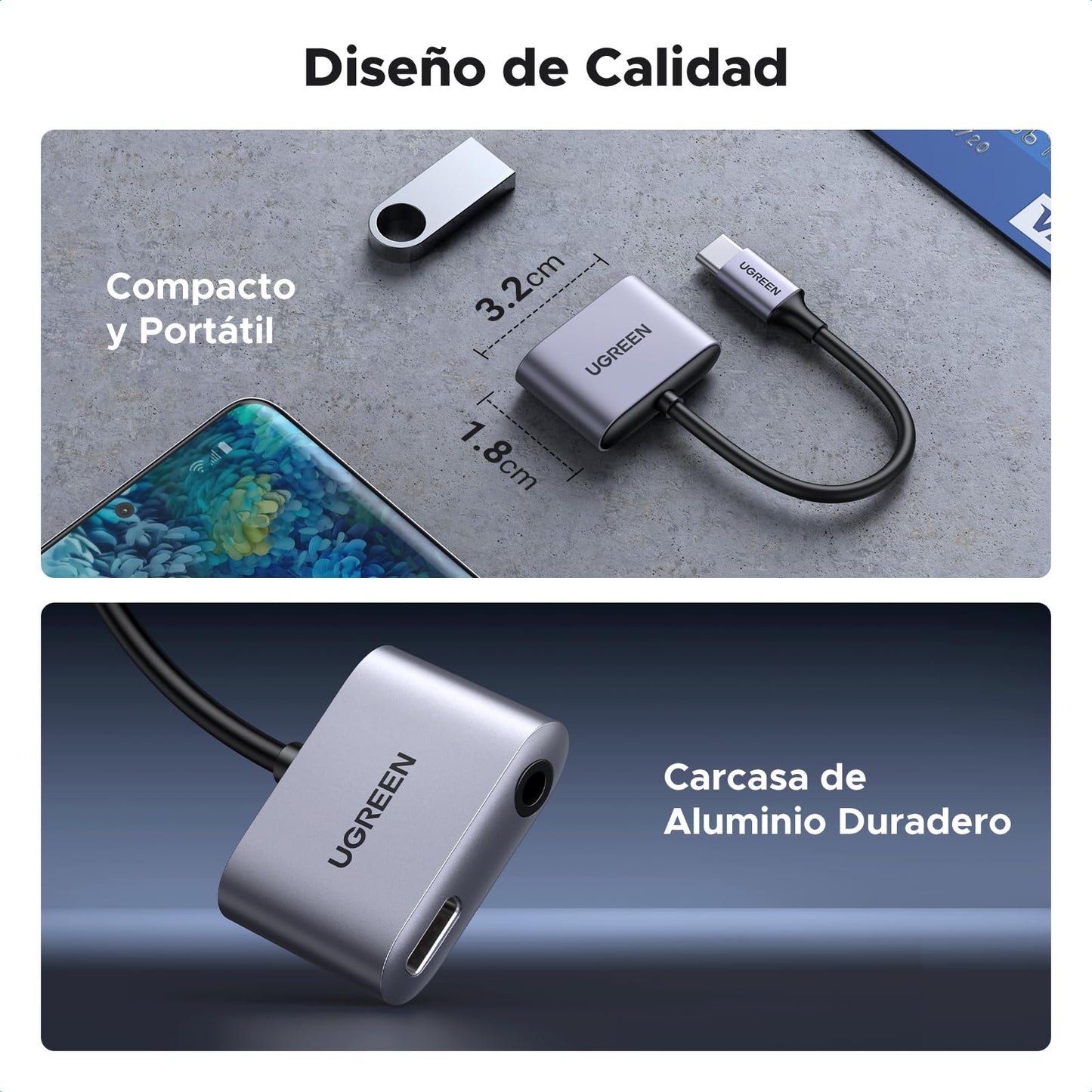 UGREEN 2 en 1 Adaptador USB C a Jack de 3,5 mm Compatible con Audio