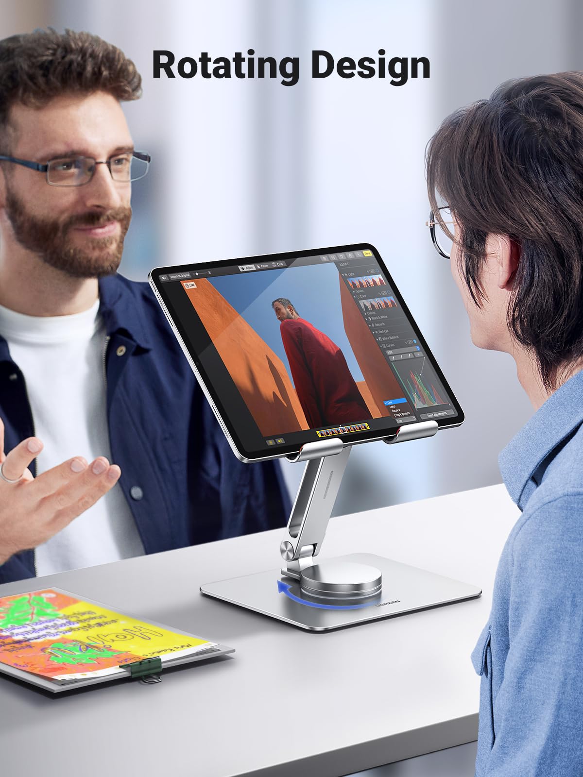 UGREEN Soporte giratorio de 360 ° para tableta ajustable con base giratoria, soporte ajustable plegable para dibujar, compatible con iPad Pro, Air/Mini y más, plateado