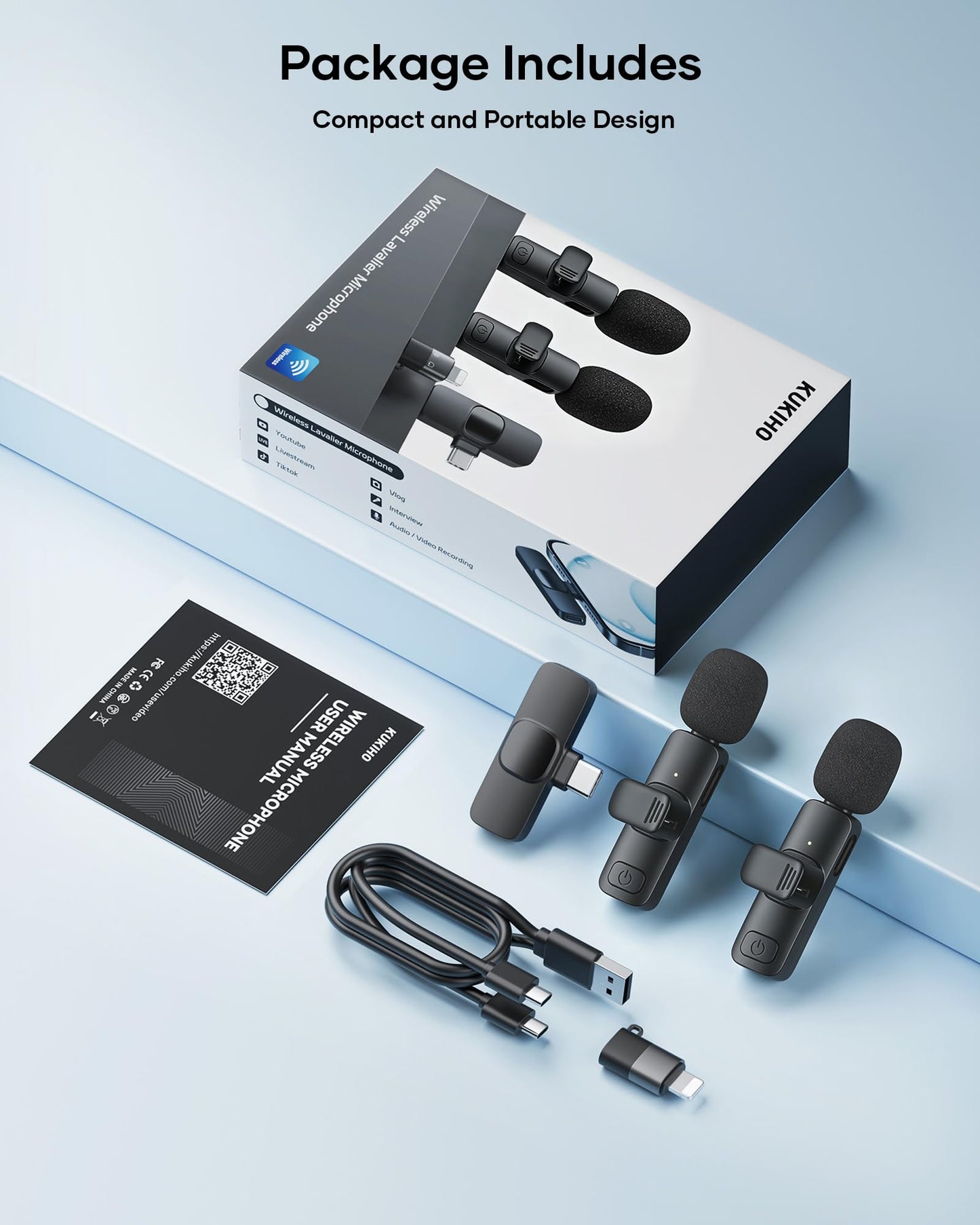 KUKIHO Paquete de 2 micrófonos Lavalier inalámbricos para iPhone, iPad y teléfono Android, micrófono de Solapa Plug and Play