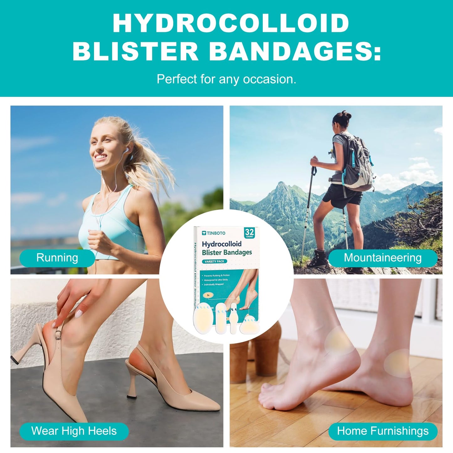 32 vendas hidrocoloides para pies, impermeables, almohadillas de gel para talón y dedos, almohadillas de ampollas para prevención y recuperación más rápida (paquete de 32 unidades)