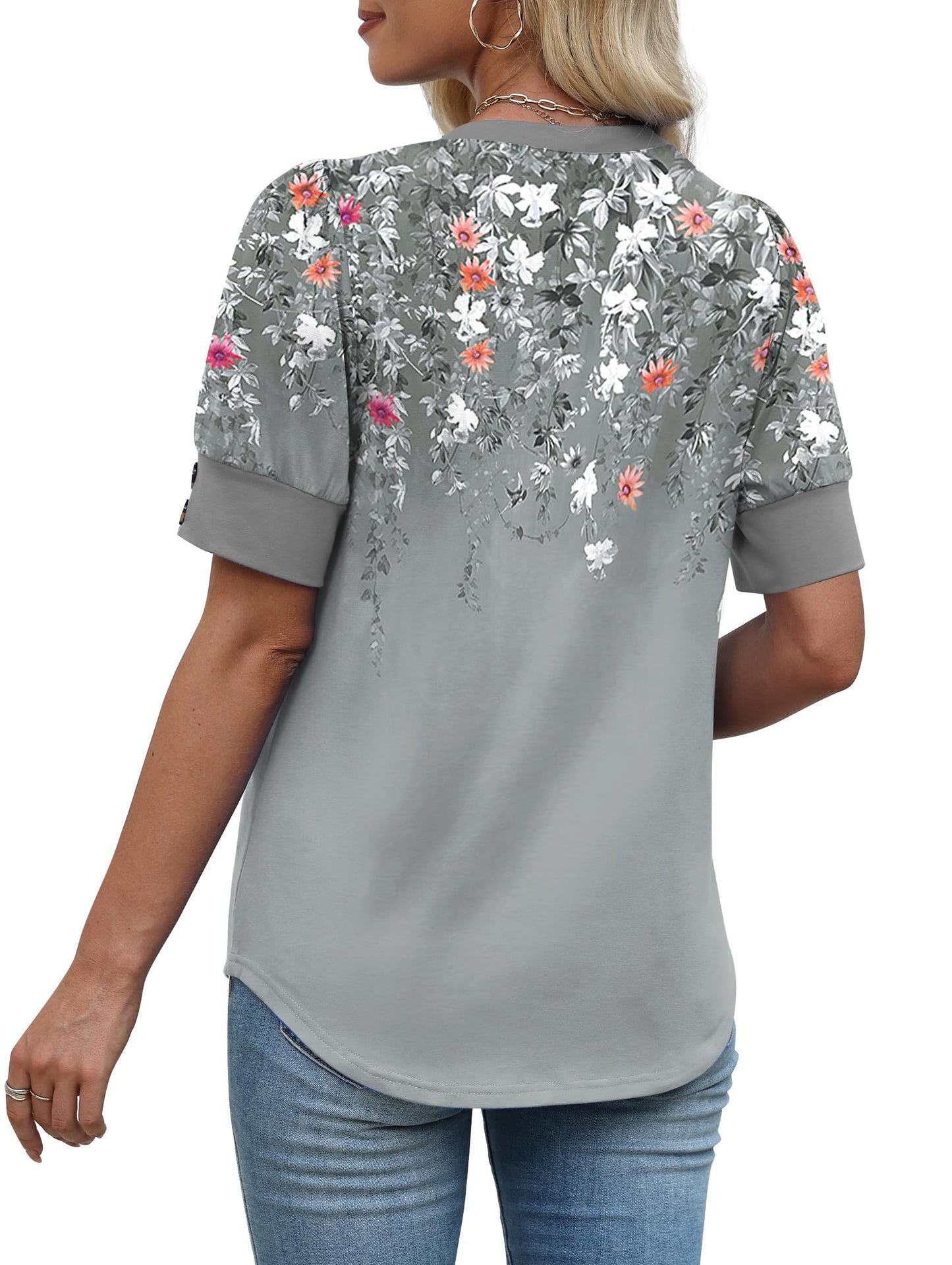 OFEEFAN Camisetas de manga corta para mujer, con botones, cuello en V, para primavera, verano, tallas grandes, blusas elegantes e informales, Z-floral gris, XL