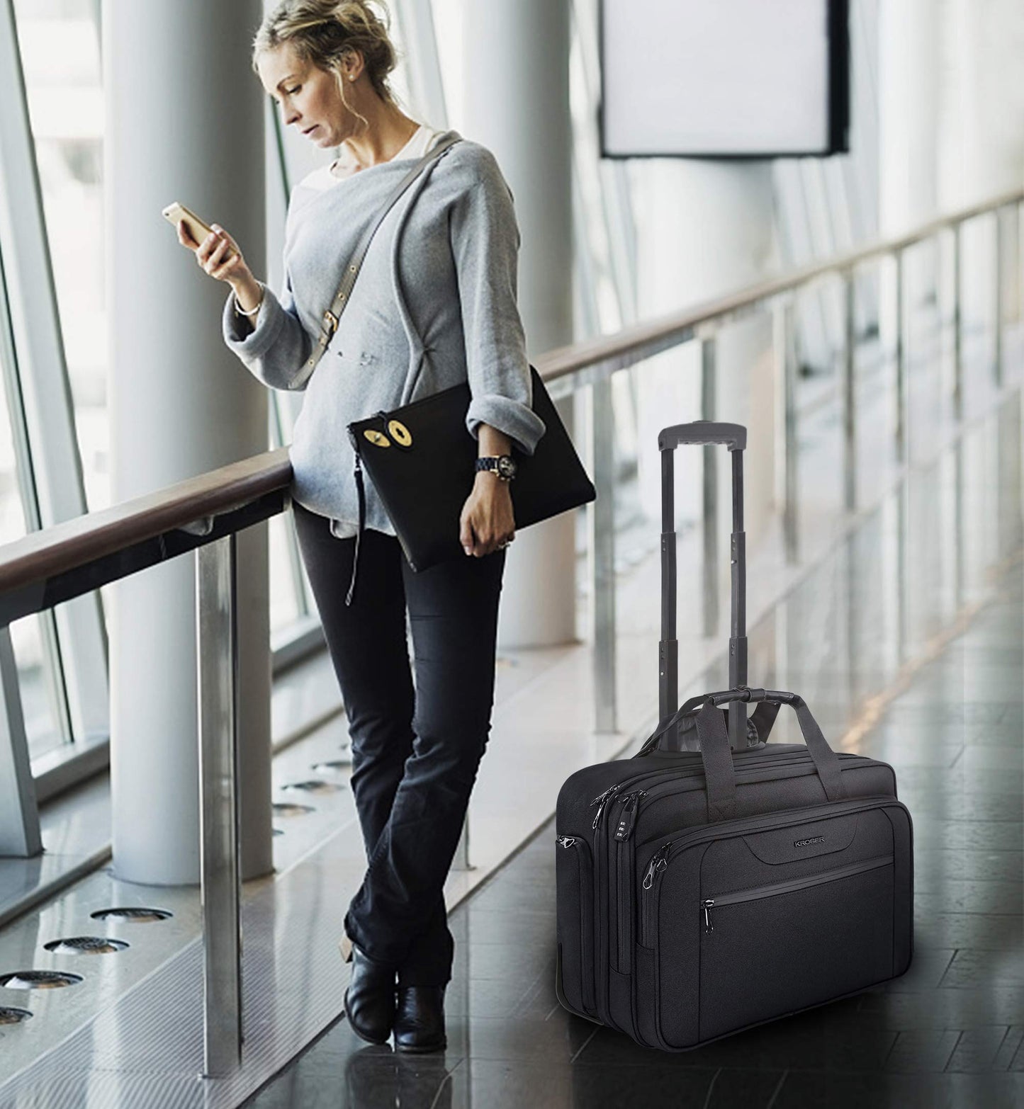 KROSER Maletín para Portátil con Ruedas Bolsa Premium Impermeable para Computadora hasta 17.3´´ Bolsa Hidrófugo Durante la Noche con Bolsillos RFID para Hombres/Mujeres-Negro