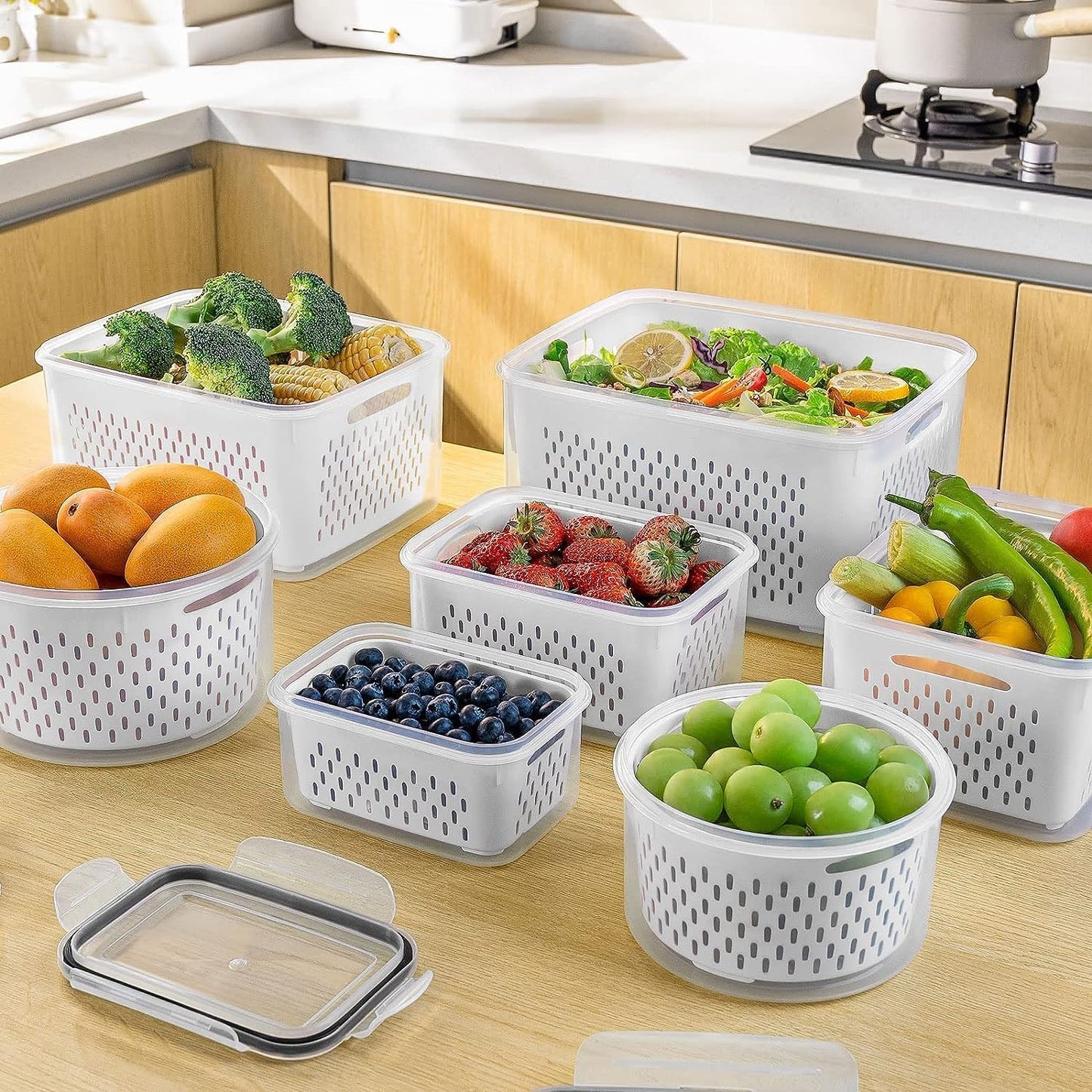 5 recipientes grandes de frutas para nevera, recipientes de almacenamiento de alimentos a prueba de fugas con colador extraíble, aptos para lavavajillas y microondas, recipientes para mantener frutas