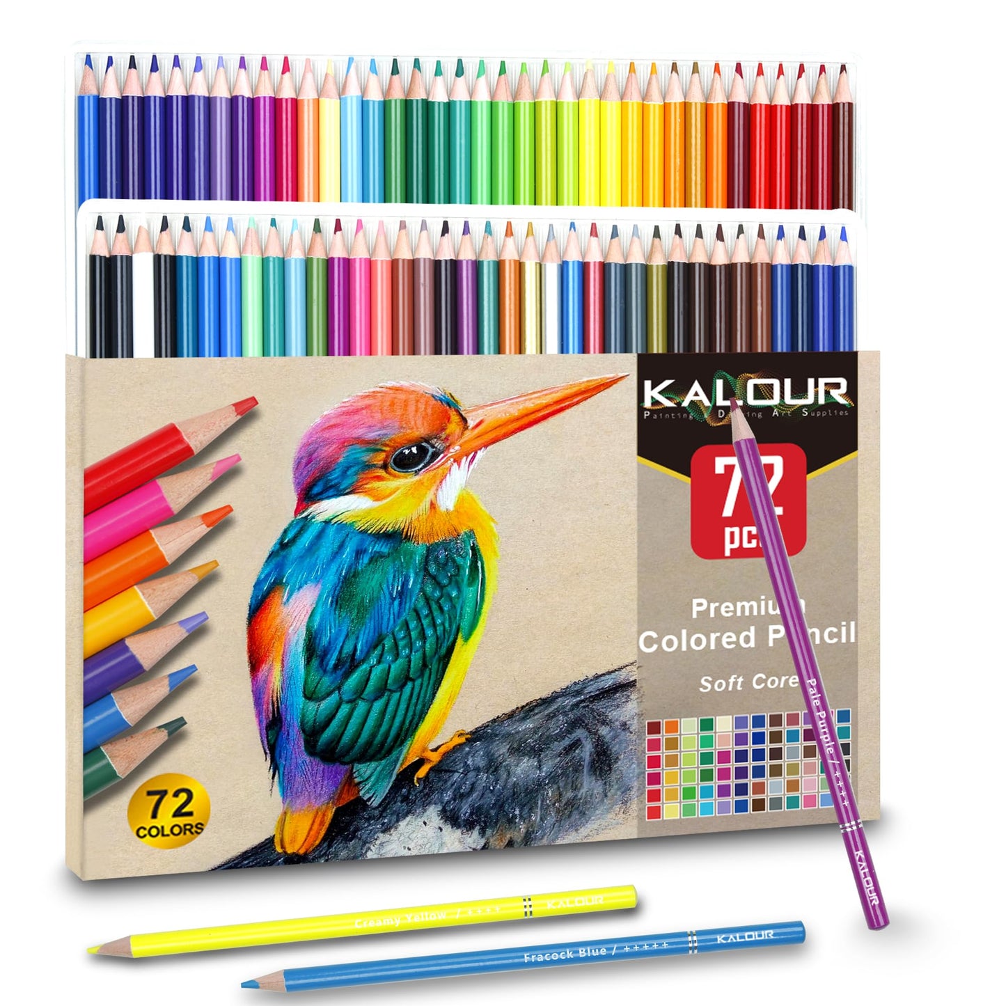 KALOUR set de 72 lápices de colores, ideal para adultos y jóvenes principiantes. Mina suave perfecta para dibujar, mezclar y sombrear. Regalo ideal.