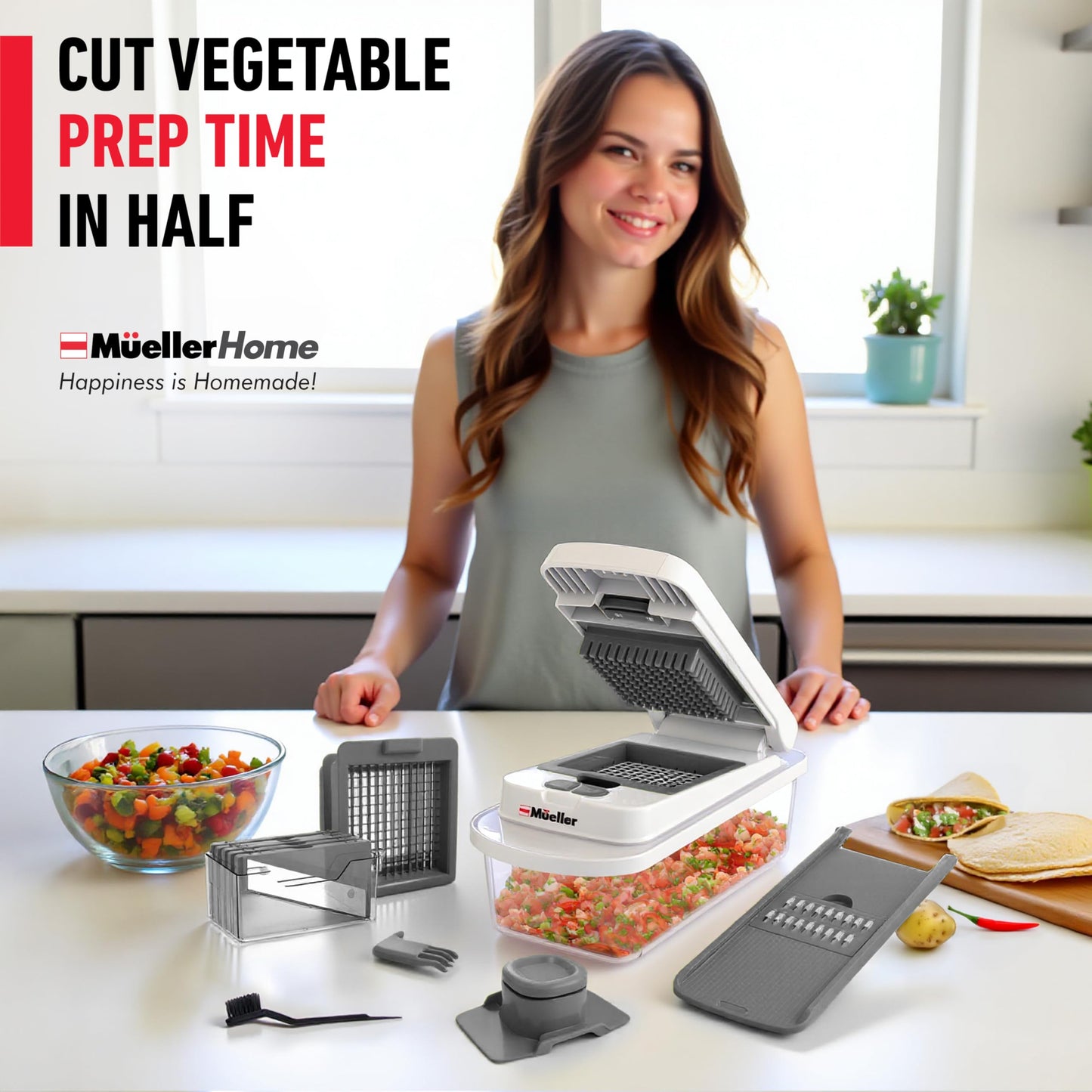 Mueller Austria Pro-Series - Cortador con 8 cuchillas para huevo, cebolla, verduras, etc., con contenedor.