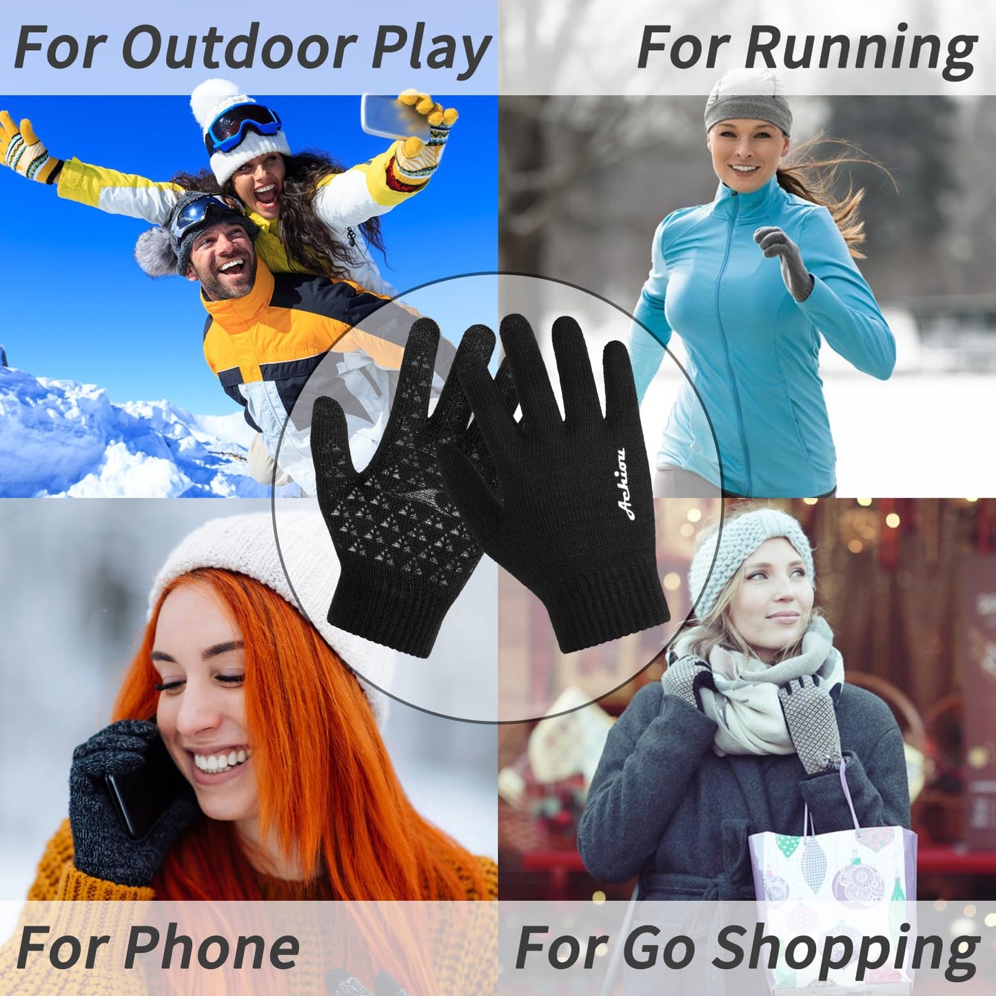 Achiou - Guantes de invierno para hombres y mujeres, aptos para uso con pantalla táctil, guantes cálidos con forro de punto suave térmico, puños elásticos, 3 tamaños para elegir, Negro, M