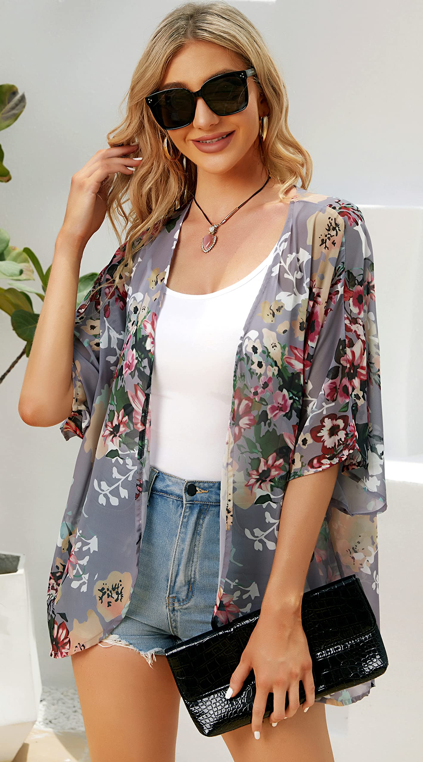Cárdigan tipo kimono de manga abombada con estampado floral para mujer, blusa casual suelta, L