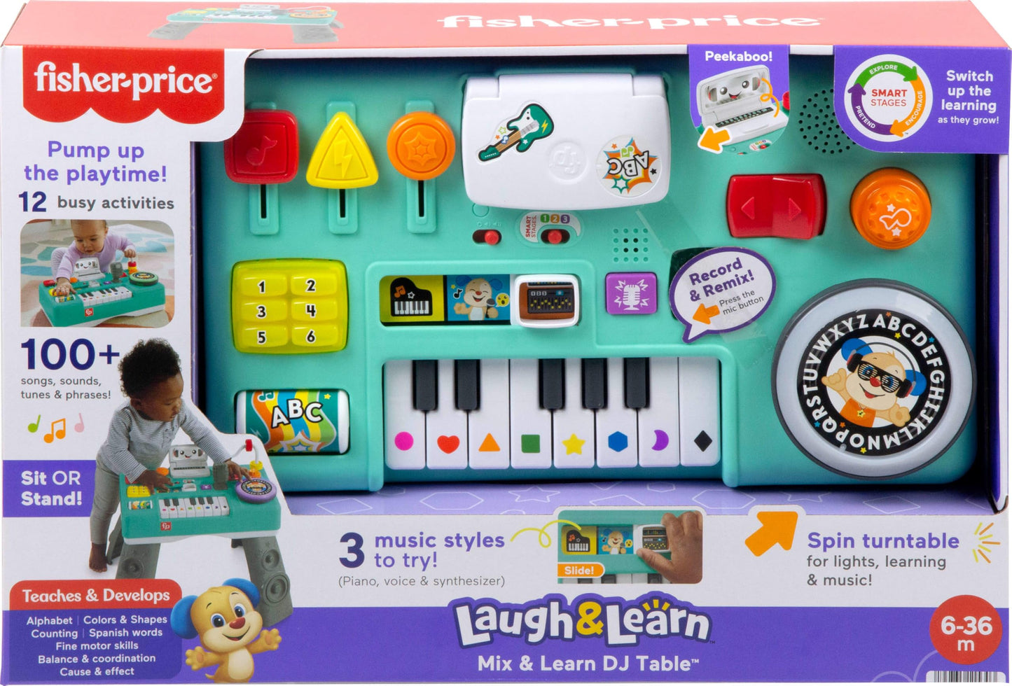 Fisher-Price Ríe y aprende Mesa de mezclas DJ musical Piano de juguete con actividades, luces y sonidos, sentado y de pie, bebés +6 meses, VERSION UK , HKT83