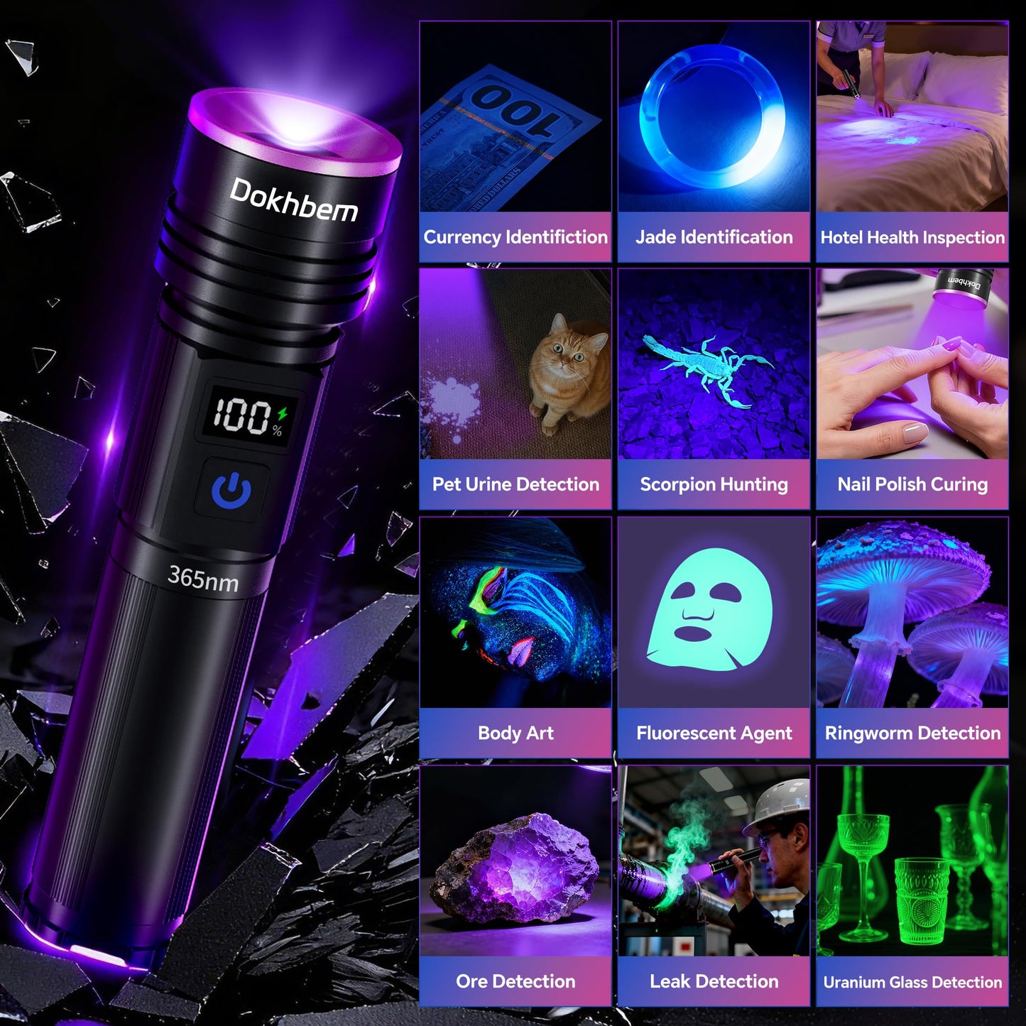 Dokhbem - Linterna de luz negra, 365 nm recargable con visualización LCD, potentes luces ultravioleta para detección de orina de mascotas, curado de resina, seguimiento de sangre, escorpión, vidrio de