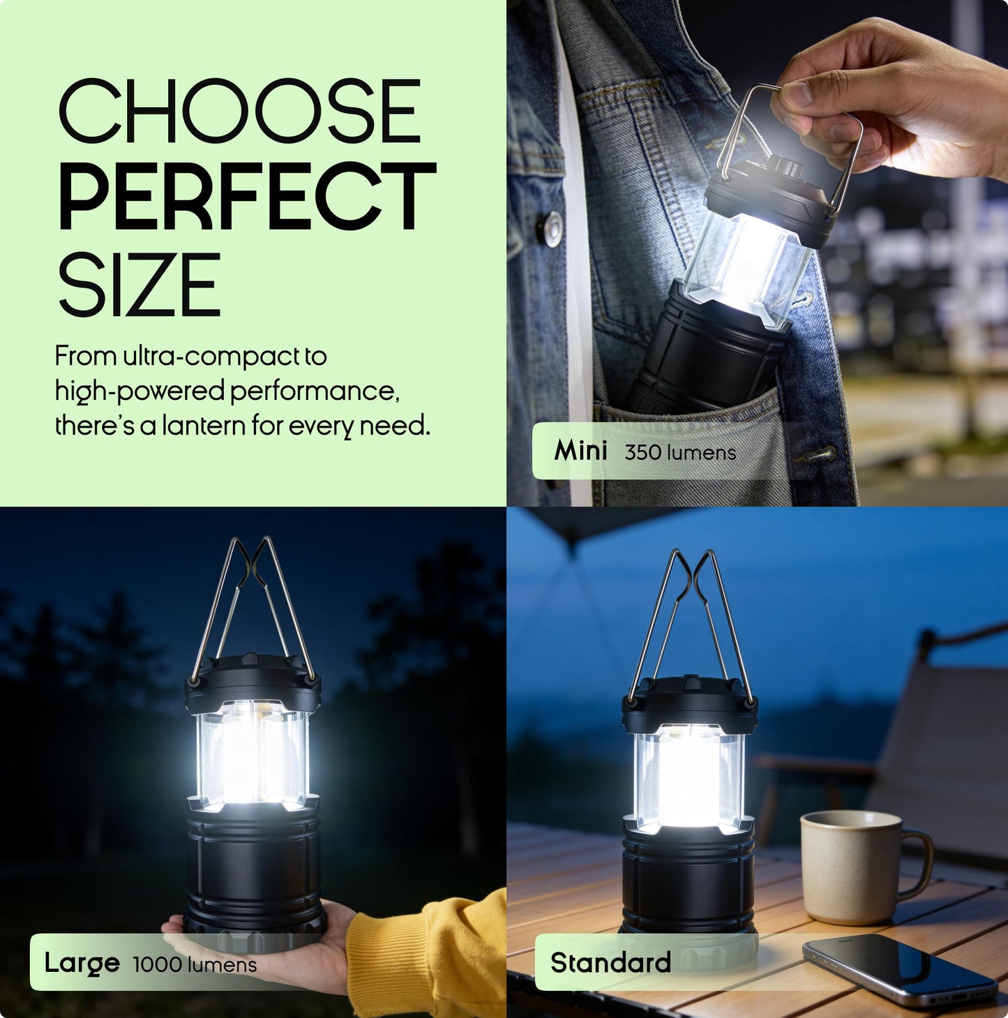 MalloMe Mini linternas LED COB para camping, paquete de 2 unidades, superbrillantes, luces portátiles de 200 lúmenes para exteriores, requiere pilas AA, no incluidas (negro, plegable)