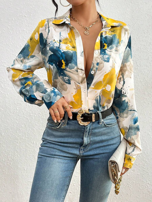 RosyDaze Camisa con estampado floral de tinta elegante para viaje, blusa casual regular de manga larga con cuello y botones para mujer, multicolor, adecuada para uso diario casual en primavera/oto
