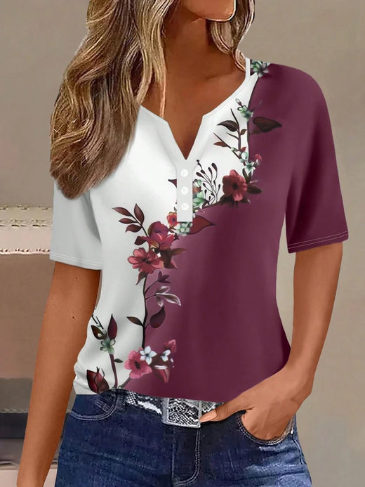 Camiseta de mujer de manga corta con botones, cuello en V y estampado, de estilo casual y formal, para el verano