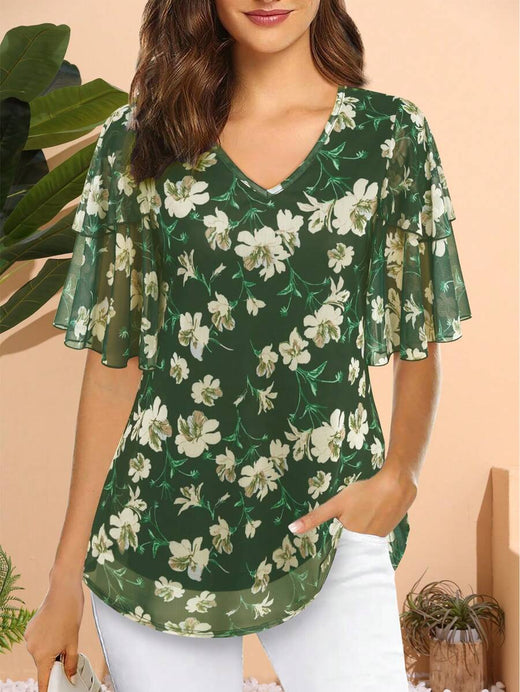 CheersLife Blusa y parte superior de 3/4 de manga para mujer, camisa casual de negocios, parte superior con cintura ceñida de doble capa de malla para vacaciones de verano