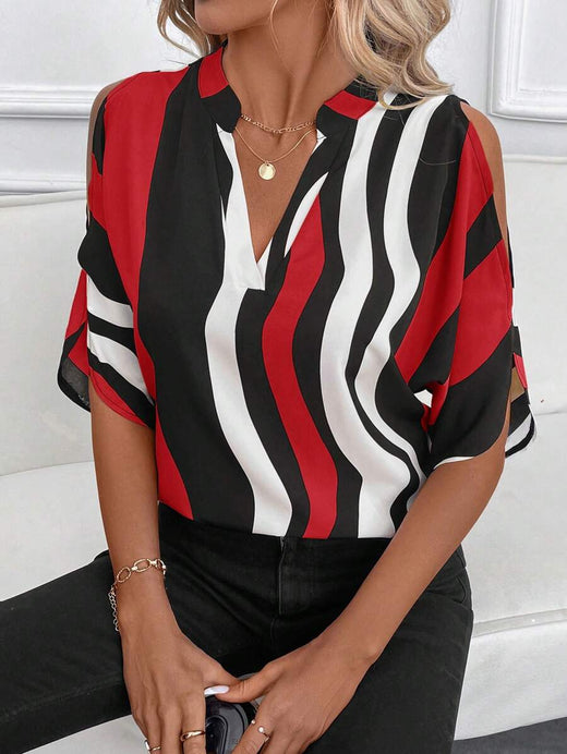 SHEIN Clasi Blusa casual con hombros descubiertos y estampado geométrico para mujer, adecuada para el Día de San Valentín