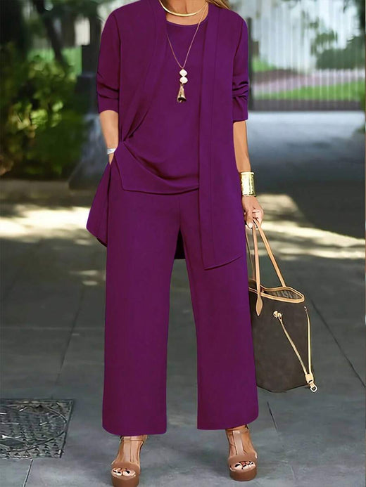 Conjunto de 3 piezas para mujer casual de unicolor: Chaqueta/Cárdigan   Top sin mangas de cuello redondo   Pantalones de pierna recta con cintura elástica elegante