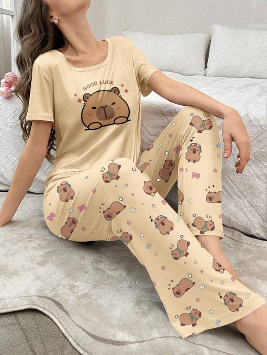 Pijama de mujer de tela de punto suave con divertido estampado de oso y estilo relajado Pijama de capibara Pijama lindo para mujer Pijama lindo para dormir Camiseta de pijama para mujer