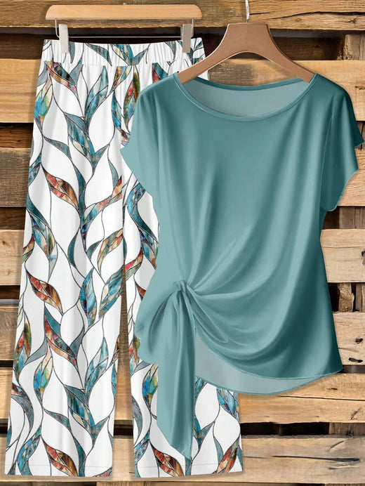 SHEIN Clasi Conjunto de 2 piezas de camisa con lazo verde minimalista casual y pantalones rectos sueltos con estampado geométrico, adecuado para principios de otoño
