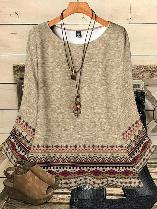 EMERY ROSE Camisa de mujer de cuello redondo con patrón geométrico y manga 3/4, adecuada para otoño/invierno, camisas bohemias de mujer, casual