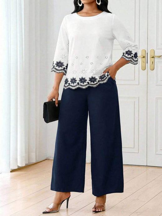 SHEIN Lady 2 piezas Conjunto de top y pantalones elegante con bordado floral para mujer, otoño