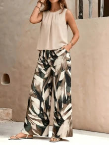 Conjunto de dos piezas para mujer: top sin mangas y pantalón de pierna ancha, atuendo casual de verano con opciones de estampado de hojas/lunares, conjunto de dos piezas a juego, conjunto de verano de dos piezas, conjunto de dos piezas coord, conjunto de