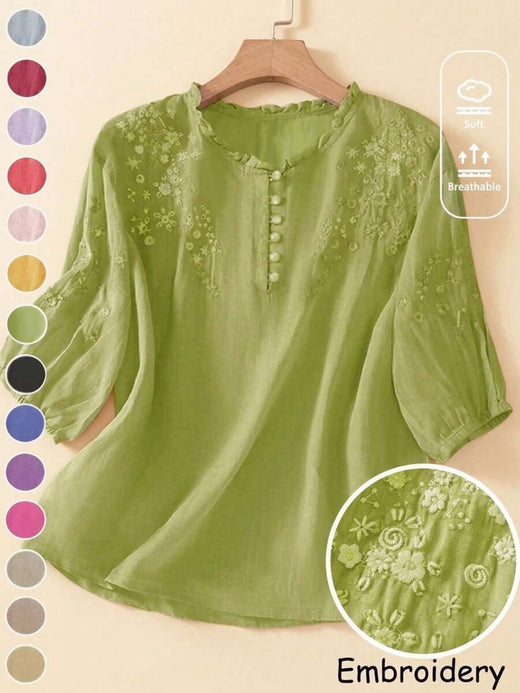 Blusa elegante vintage casual boho bordada para mujer, primavera verano otoño, para ir al trabajo, vacaciones, salidas diarias, de viscosa, ligera, holgada, artística, manga media, top casual%