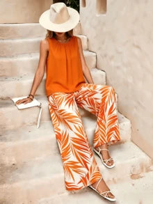 Conjunto de dos piezas para mujer: top sin mangas y pantalón de pierna ancha, atuendo casual de verano con opciones de estampado de hojas/lunares, conjunto de dos piezas a juego, conjunto de verano de dos piezas, conjunto de dos piezas coord, conjunto de