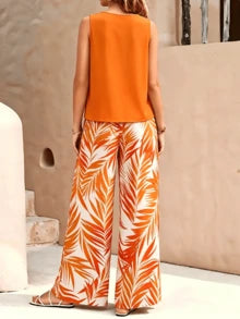 Conjunto de dos piezas para mujer: top sin mangas y pantalón de pierna ancha, atuendo casual de verano con opciones de estampado de hojas/lunares, conjunto de dos piezas a juego, conjunto de verano de dos piezas, conjunto de dos piezas coord, conjunto de