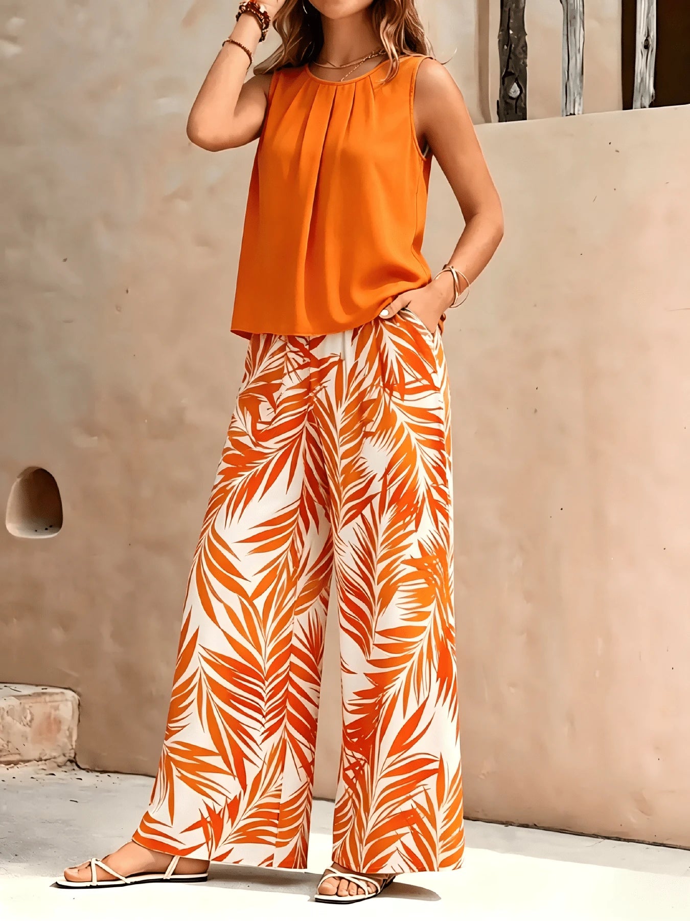 Conjunto de dos piezas para mujer: top sin mangas y pantalón de pierna ancha, atuendo casual de verano con opciones de estampado de hojas/lunares, conjunto de dos piezas a juego, conjunto de verano de dos piezas, conjunto de dos piezas coord, conjunto de