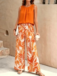 Conjunto de dos piezas para mujer: top sin mangas y pantalón de pierna ancha, atuendo casual de verano con opciones de estampado de hojas/lunares, conjunto de dos piezas a juego, conjunto de verano de dos piezas, conjunto de dos piezas coord, conjunto de