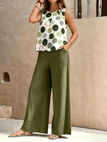 Conjunto de dos piezas para mujer: top sin mangas y pantalón de pierna ancha, atuendo casual de verano con opciones de estampado de hojas/lunares, conjunto de dos piezas a juego, conjunto de verano de dos piezas, conjunto de dos piezas coord, conjunto de