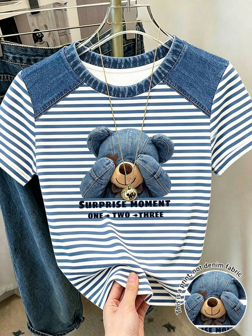 Resyla Camiseta casual versátil de uso diario para mujer con cuello redondo, bloques de color a rayas y estampado de letras y dibujos animados