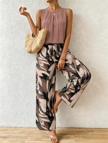 Conjunto de dos piezas para mujer: top sin mangas y pantalón de pierna ancha, atuendo casual de verano con opciones de estampado de hojas/lunares, conjunto de dos piezas a juego, conjunto de verano de dos piezas, conjunto de dos piezas coord, conjunto de