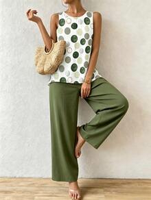 Conjunto de dos piezas para mujer: top sin mangas y pantalón de pierna ancha, atuendo casual de verano con opciones de estampado de hojas/lunares, conjunto de dos piezas a juego, conjunto de verano de dos piezas, conjunto de dos piezas coord, conjunto de